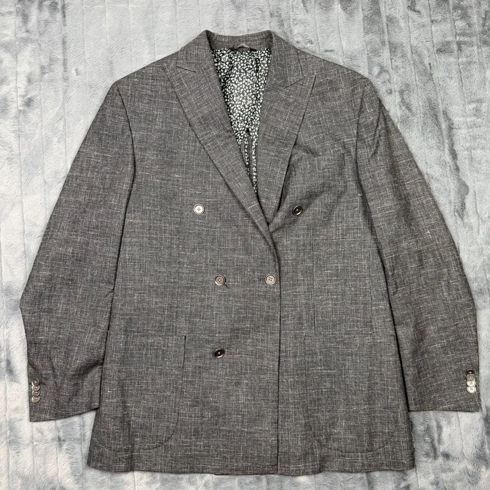 Paul Fredrick Mens 42L Double Breasted Wool Silk Linen Blazer Black JUR004W